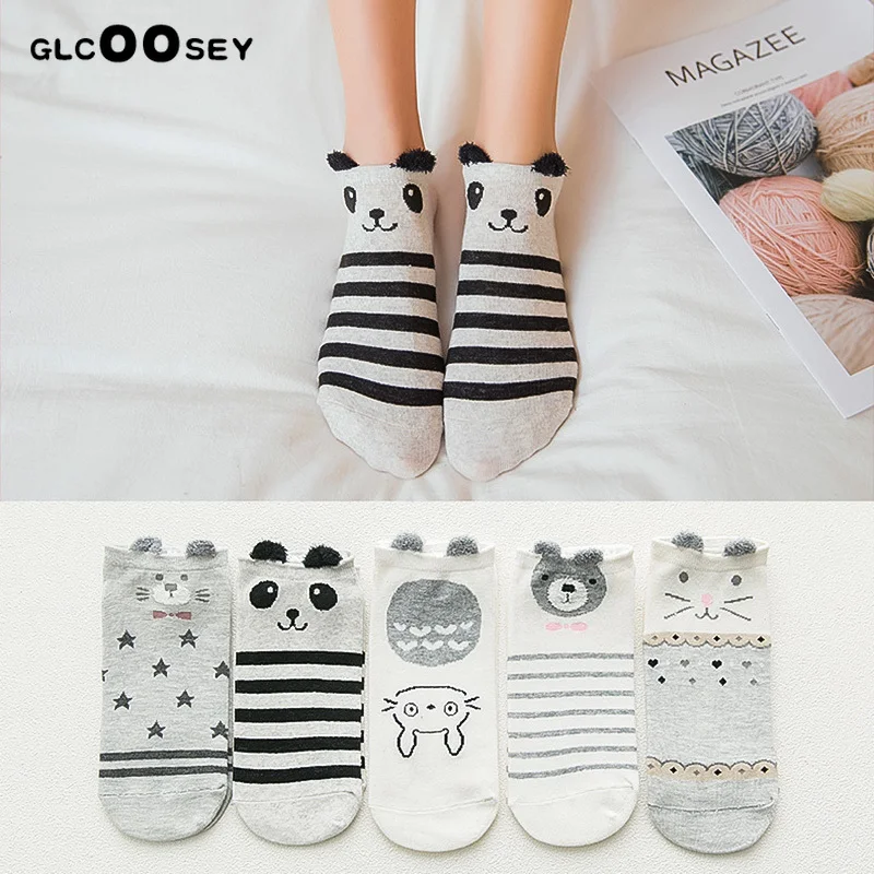 Женские хлопковые носки 5 пар короткие с милым розовым котом повседневные