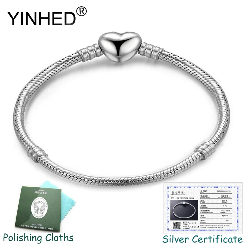

Send Silver Certificate! YINHED Original Solid S925 Silver DIY Jewelry Heart Charm Snake Chain Bracelet Bangles for Women ZB054