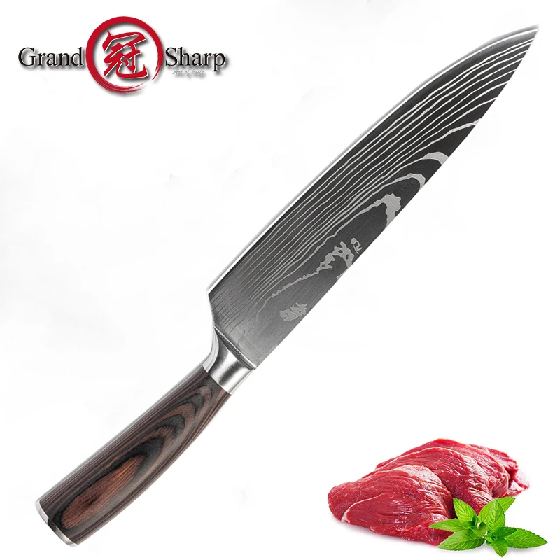 Grandsharp 8 Inch Chef Kitchen Knife Laser Damascus Pattern Stainless Steel Tools with Credit Card Gift | Дом и сад
