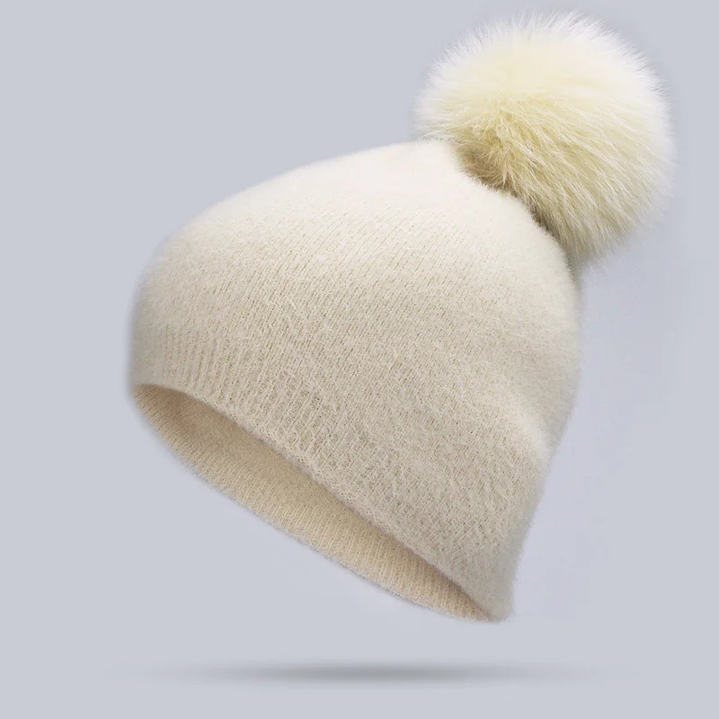 E Девушка Для женщин зима теплая Skullies шапочки Кролика трикотажные шапочки с натуральным мехом Pom Hat Кепки мягкие однотонные енота меховым помпоном Bone - Цвет: E