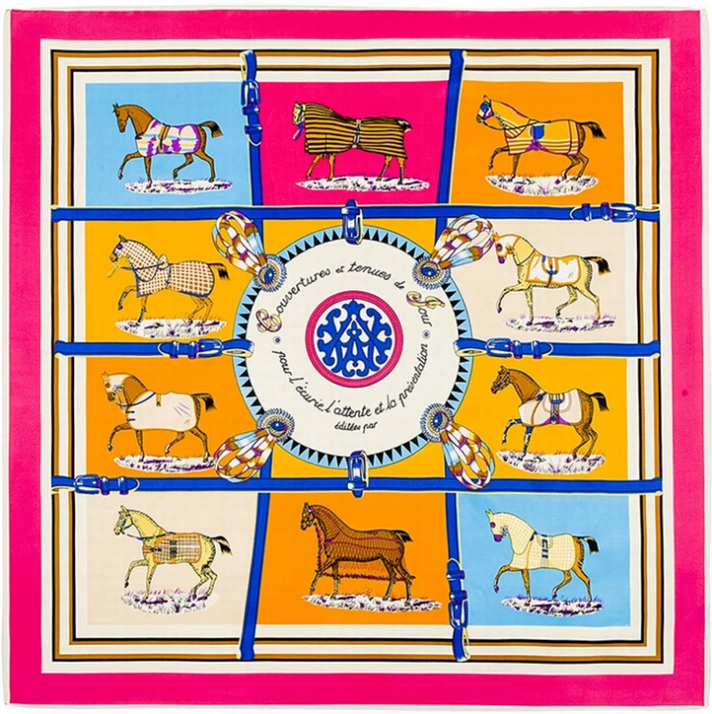 

POBING 100% Twill Silk Square Scarf Women Euro Brand French Design Ten Horse Printed High Quality Shawls Bandana Lady Foulard