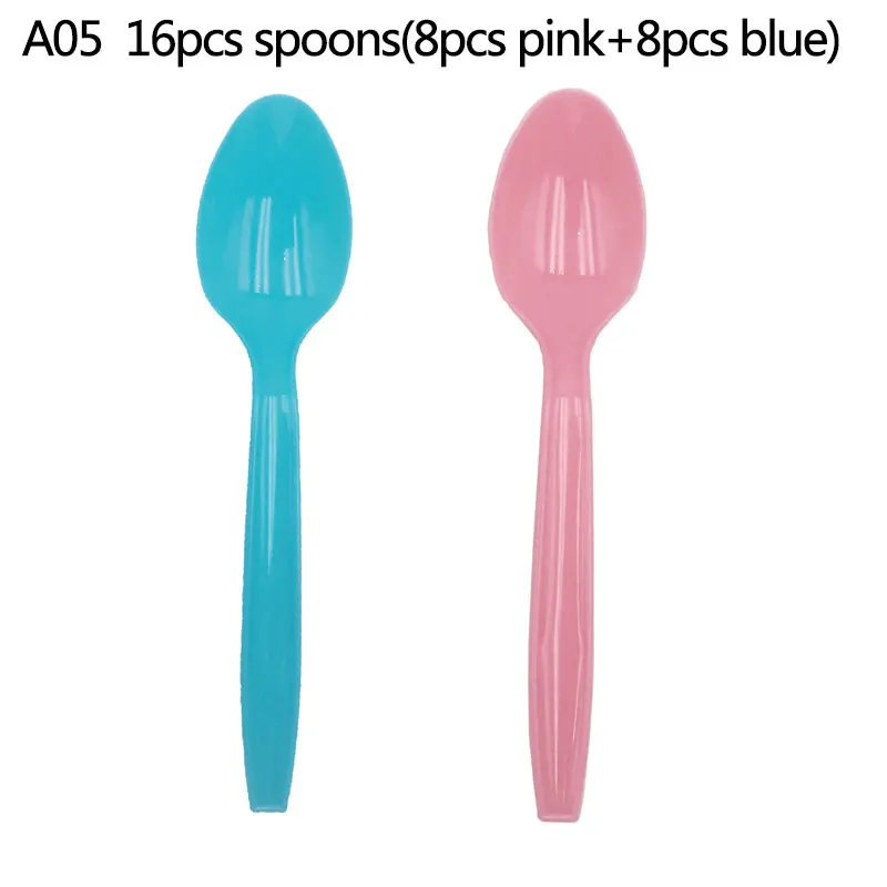 A05 16pcs spoons Пол Reveal одноразовые столовые приборы для вечеринки для девочек или мальчиков Салфетка под тарелку кружку скатерть нож вилка ложка вечерние принадлежности набор - Цвет: A05 16pcs spoons