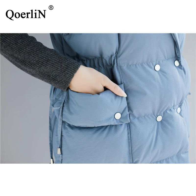 QoerliN Sleeveless Lace Up Waistcoat Women Cotton Clothing Double-Breasted Long Parkas Female Pocket Solid Jacket Coat Autumn | Женская