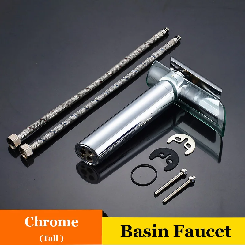 Chrome Tall Роскошный смеситель для ванной комнаты, водопад со стеклянным носиком столешница для крана, раковины, смесителя, кран для мытья холодной и горячей воды - Цвет: Chrome Tall