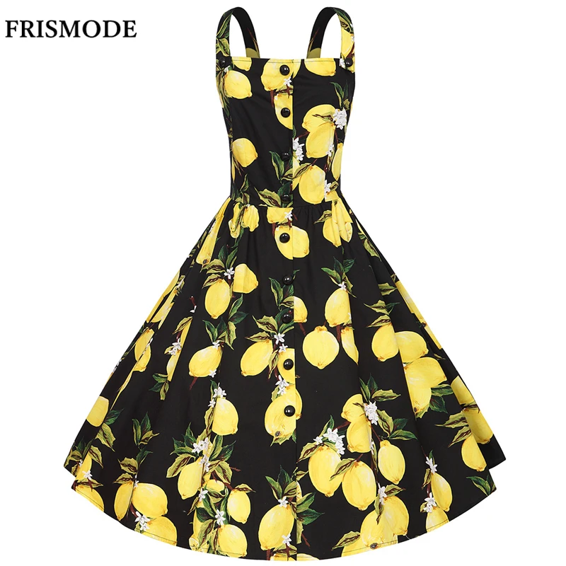 Однобортный Спагетти ремень Midi лимон платье с принтом 2018 Мода Одри Хепберн