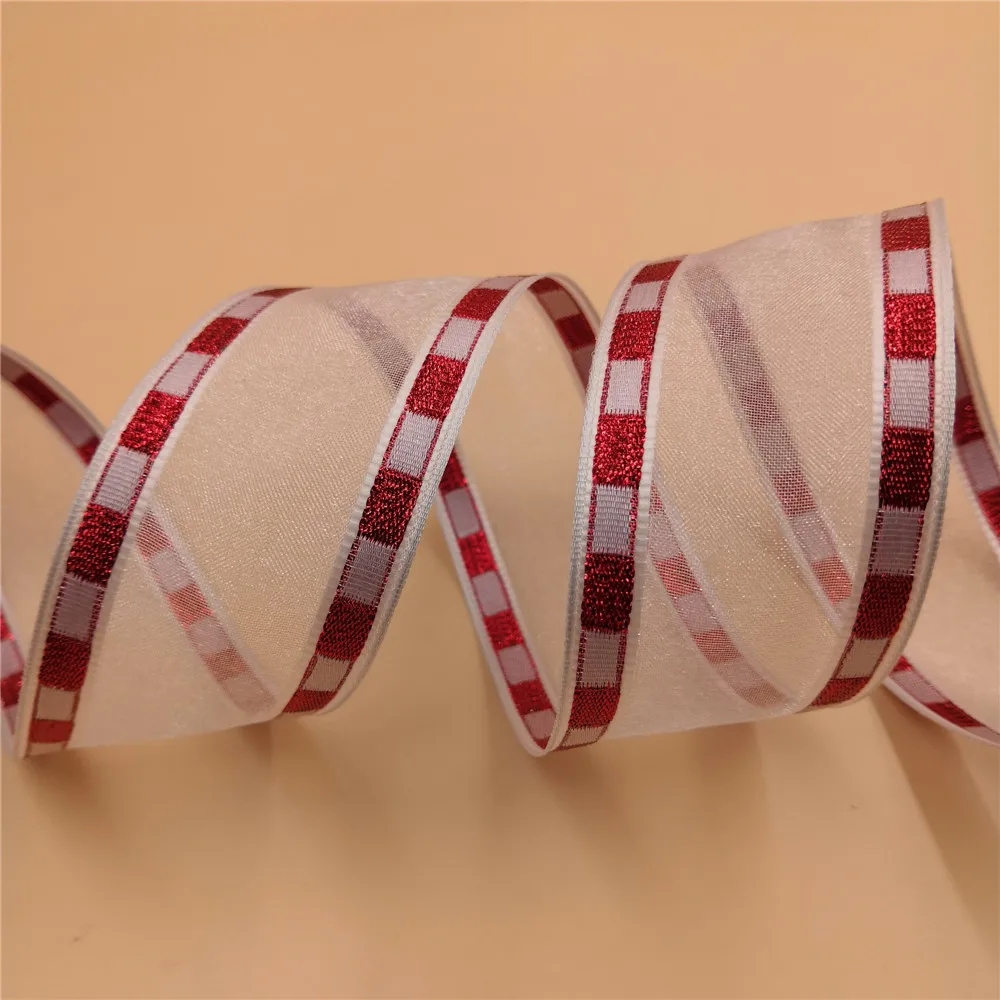

38mm X 25yards Wired Red white Check Edges Gauze Organza Ribbon. Gift Bow,wedding,cake Wrap,tree Decoration,wreath N2045