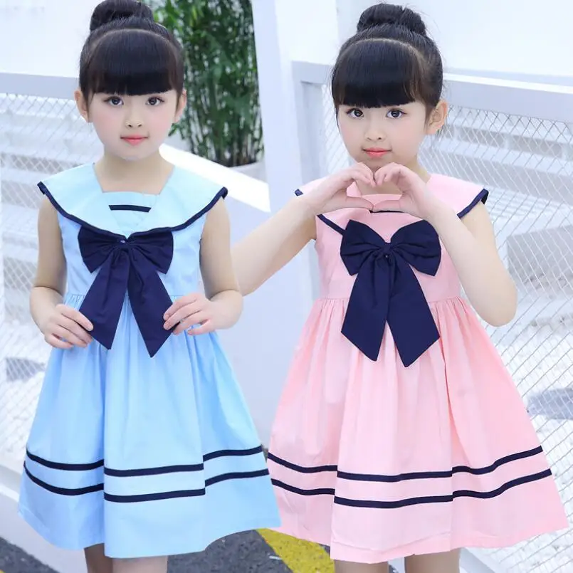 

Baby Girls Dress College School Uniform Striped Dress Summer Children's Baby Naval Collar Sleveless Girls Dresses