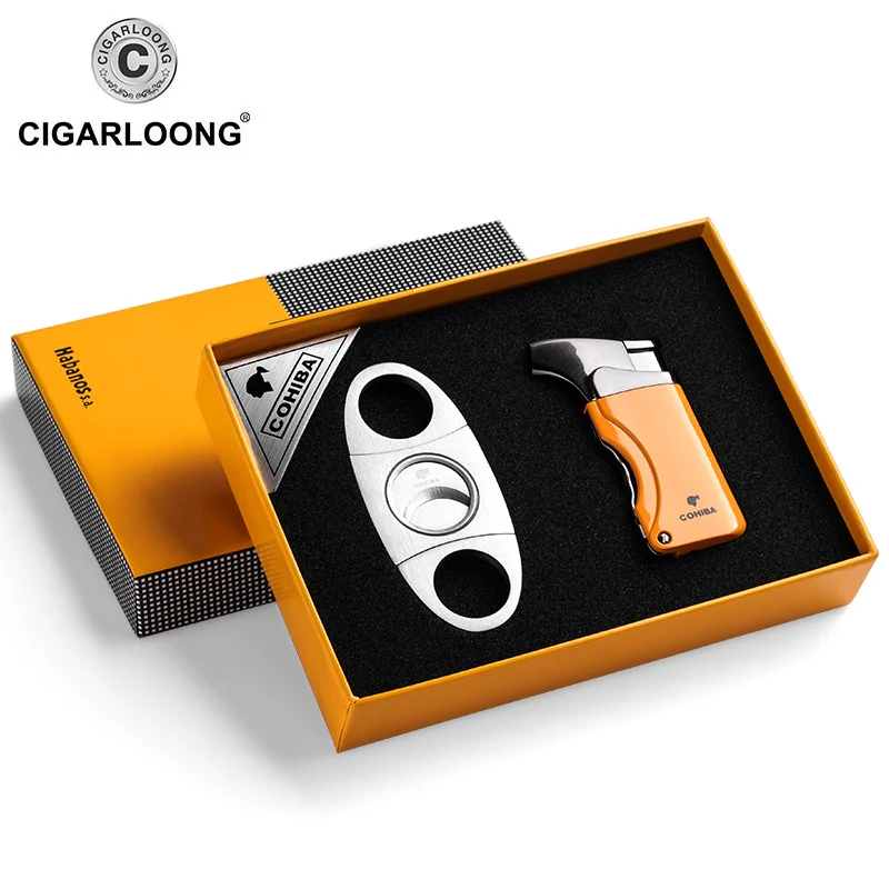 50 шт./lotCOHIBA гаджеты сигарный резак Карманный бутан газ ветрозащитный 3 фонарь Jet пламя сигарета зажигалка W/удар Подарочная коробка набор