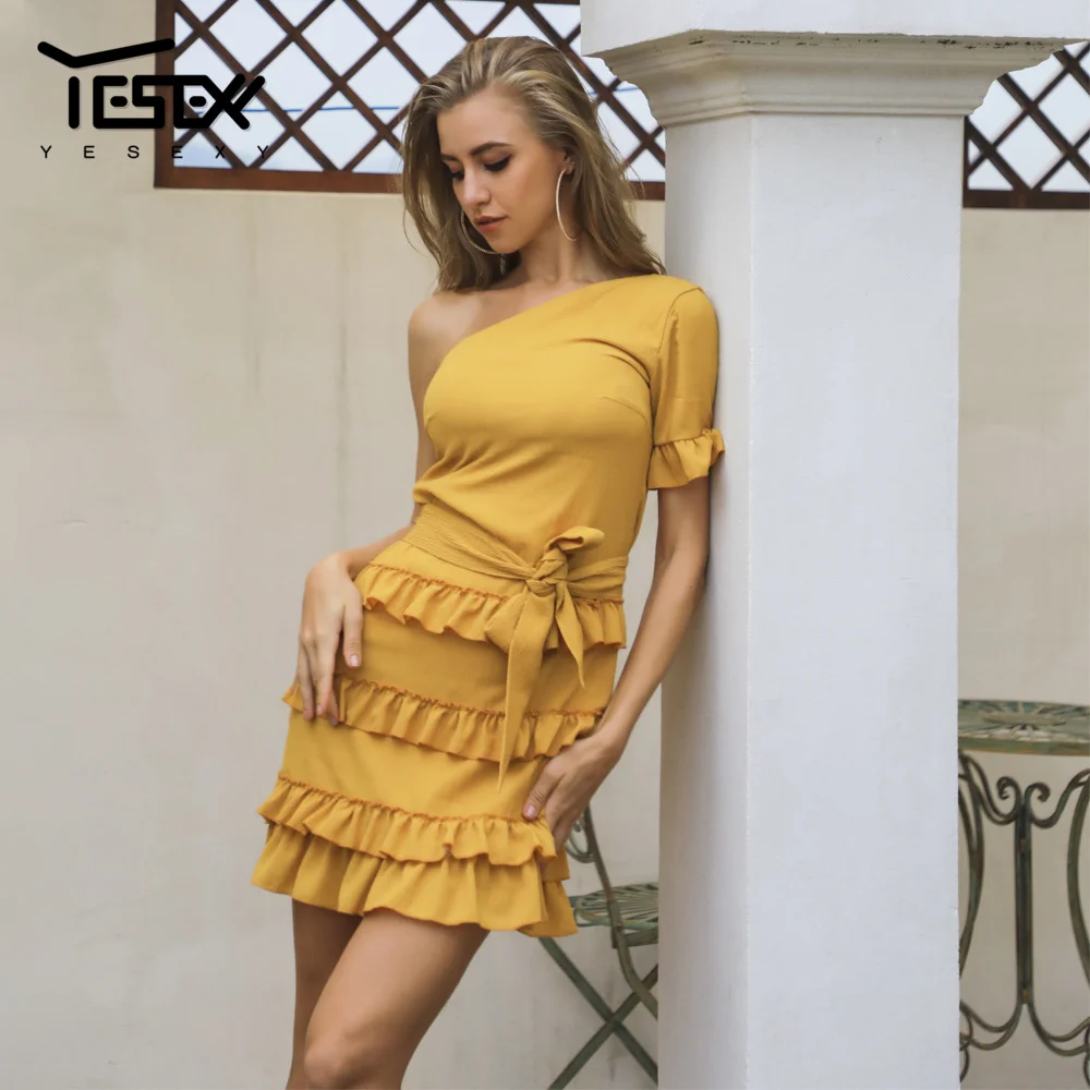 Yesexy 2019 летние однотонные каскадные оборки на одно плечо мини женские платья Boho