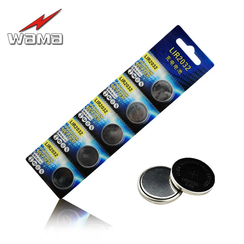 

5pcs/Pack Wama Rechargeable LIR2032 3.6V Lithium Li-ion Button Cell Batteries Coin Battery Replace CR2032 New Drop Ship