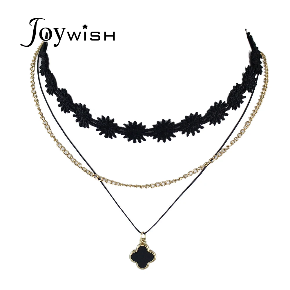 Multi Слои цепи Цепочки и ожерелья черный Кружево колье Готический Стиль с цветком