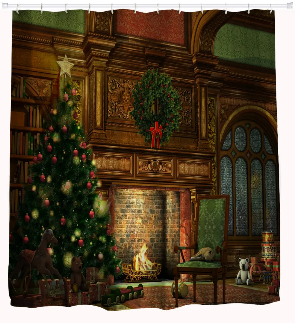 3D Waterproof Shower Curtains Polyester Bathroom Decor Christmas Tree Fireplace Bells Bath Cortinas De Bano 180x180cm | Дом и сад