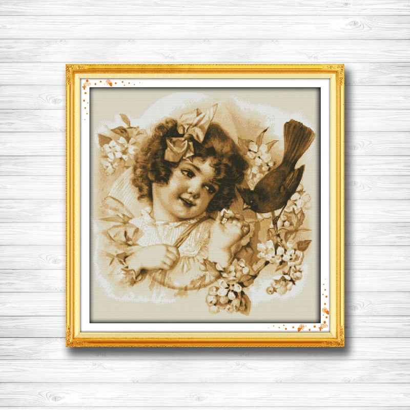 Набор для вышивки крестиком милой девочки с рисунком в виде цветов и птиц 11CT