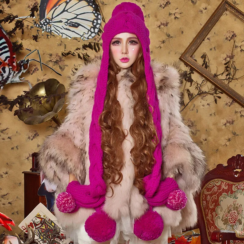 Розово красная шапка BomHCS шарф и перчатки ручной работы зимняя теплая плотная