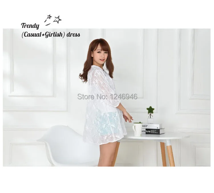 [Hot] New Fashion Women Lace Three-quarter Sleeve V-Neck Embroidered Chiffon Pleated Shirt Top Blouse C140224 Wholesale |