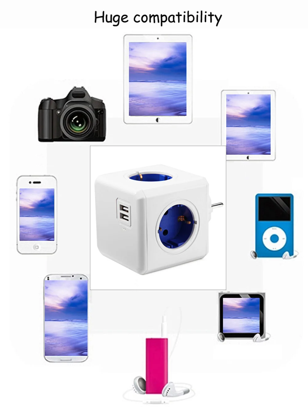 Allocacoc Мощность Cube разъем штепсельная вилка европейского стандарта 4 розетки Dual USB Порты и разъёмы Переходник удобный Мощность дизайн 16A 250V для дома