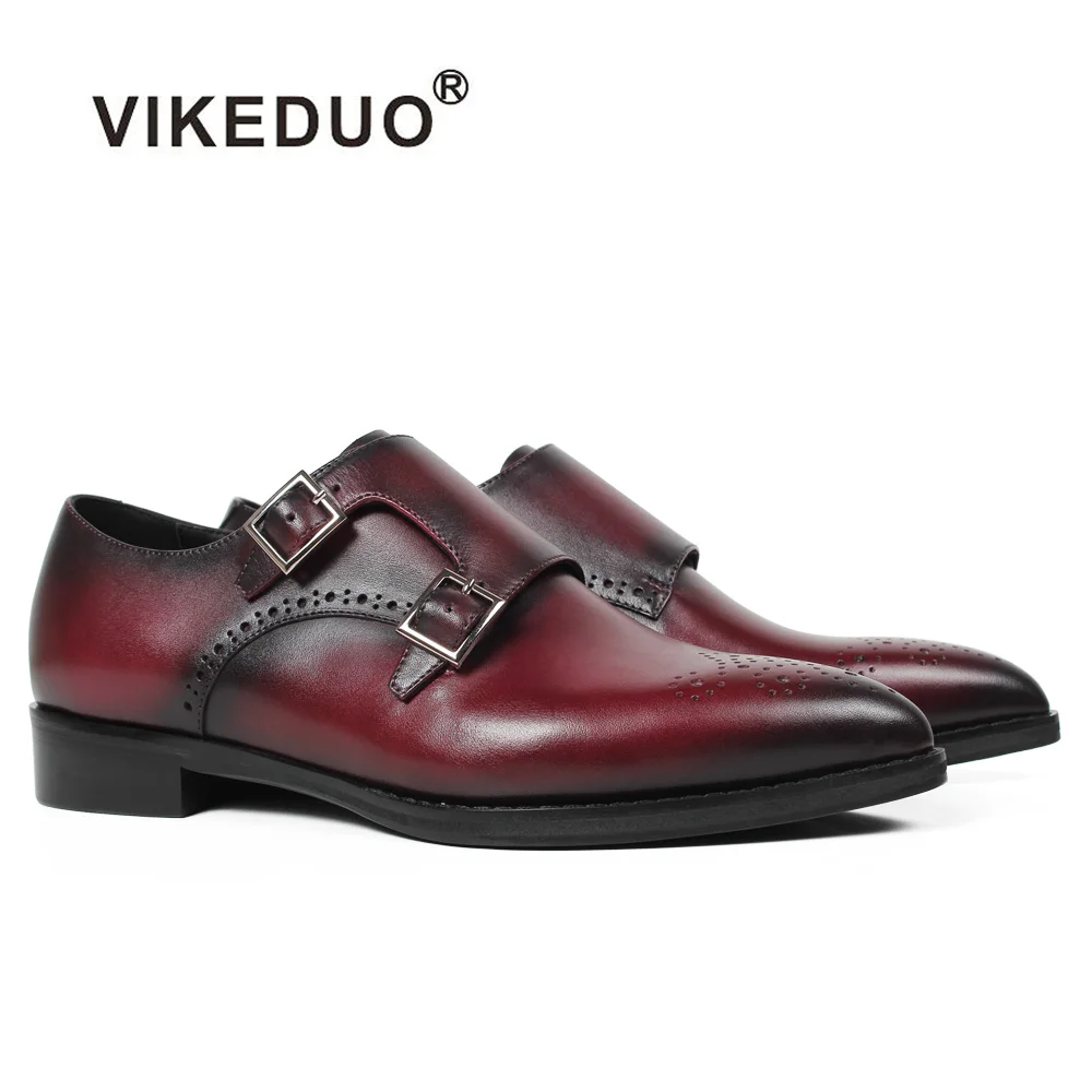 

VIKEDUO Patina Handmade Women Dress Shoes Red Pointed Toe Double Monk Strap Shoes Bespoke Ladies Genuine Leather Sapato de Mujer