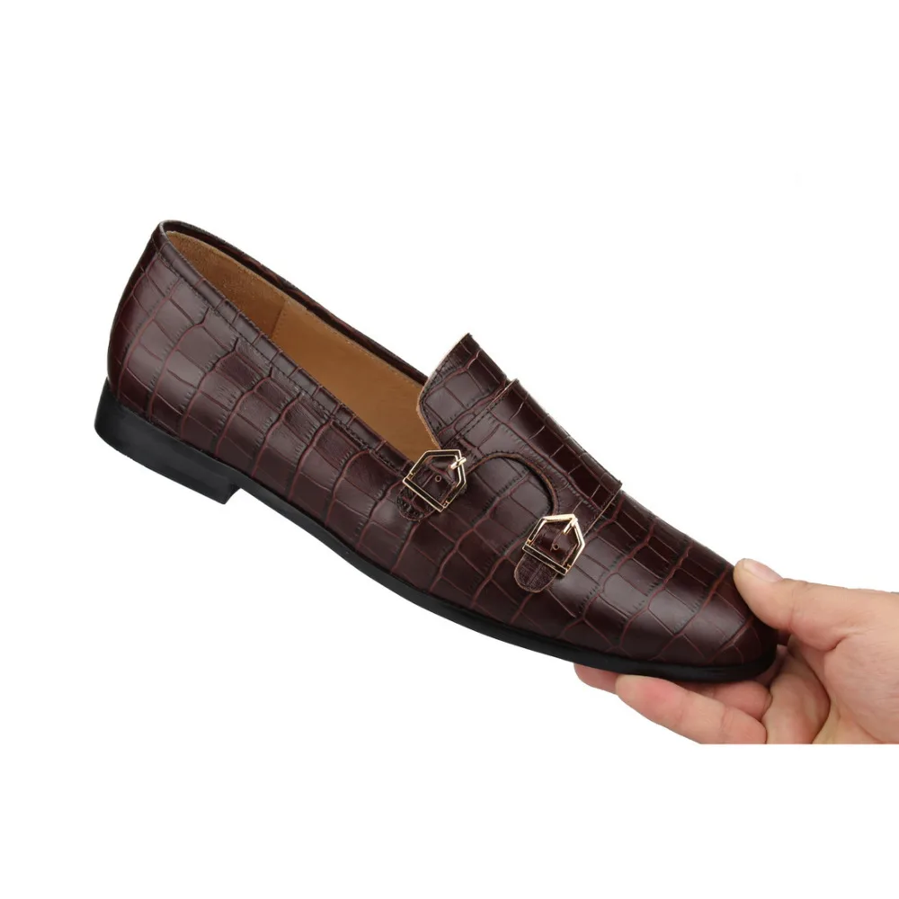 Cool Tiro/коричневый двойной Monk Loafers Для мужчин тапочки мокасины крокодиловый принт Повседневная обувь Свадебная вечеринка Туфли под платье человек Туфли без каблуков