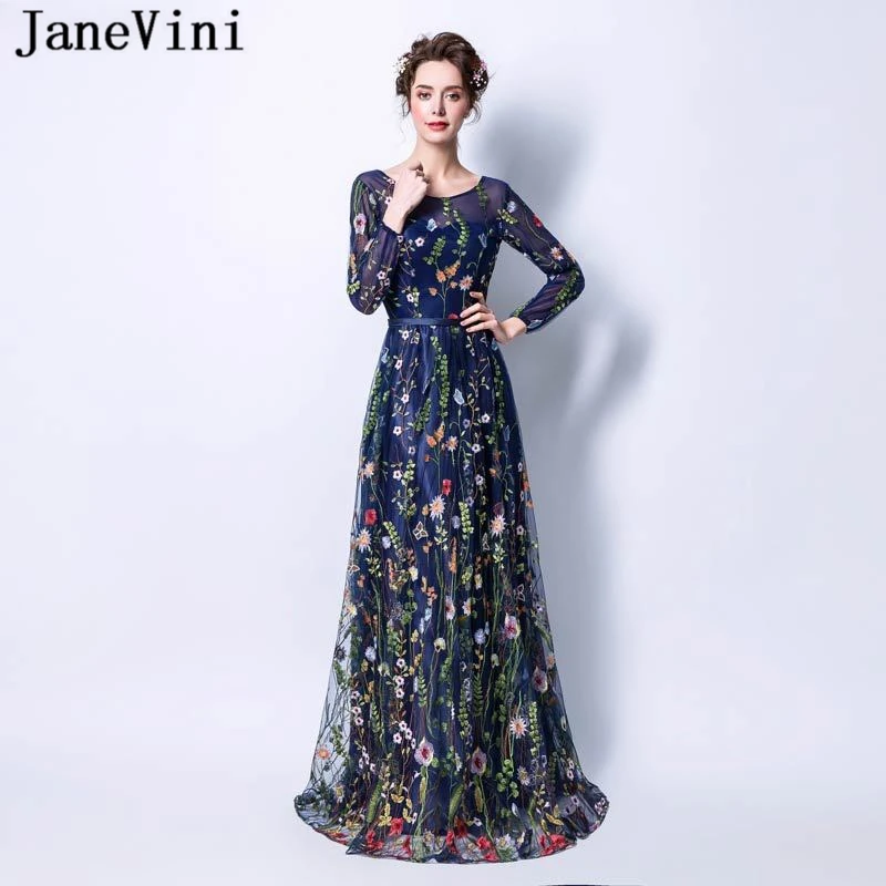 Женское платье с длинным рукавом JaneVini темно синее из тюля цветочной вышивкой