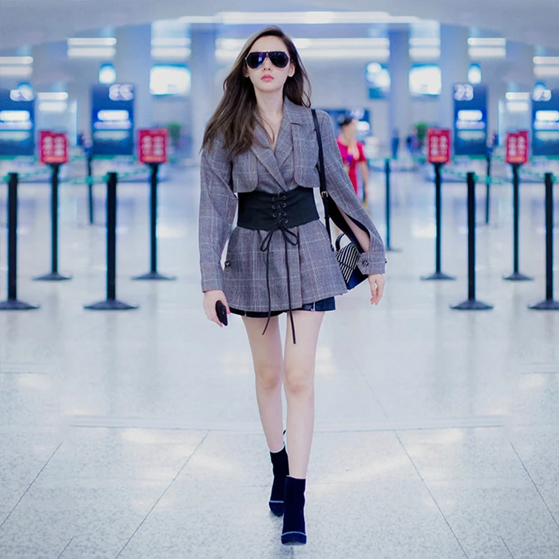 Европейские женские куртки пальто отложной Пояса серые клетчатые формальный