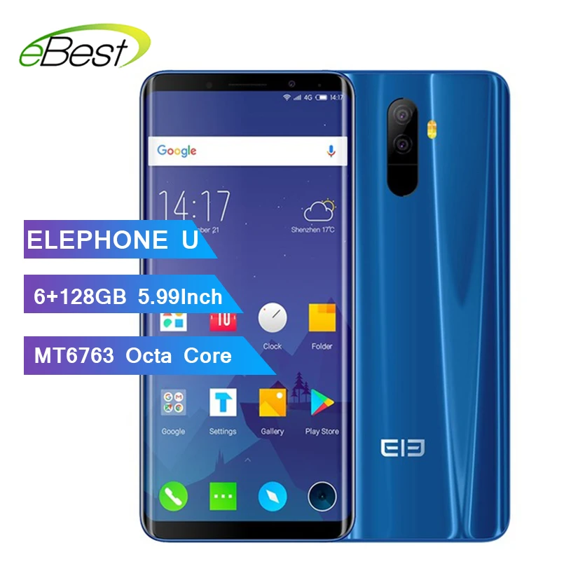 Elephone U ram 6 ГБ rom 128G мобильный телефон с функцией распознавания лица Android 7,1 MT6763 Восьмиядерный 5,9" 13 МП Двойная Задняя камера 4G LTE смартфон