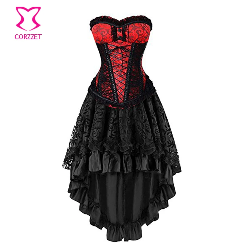 Corzzet Red+Black Brocade Steel Boned Overbust Corset Dress Women's Halloween Party Masquerade Gothic Corset Skirt Set