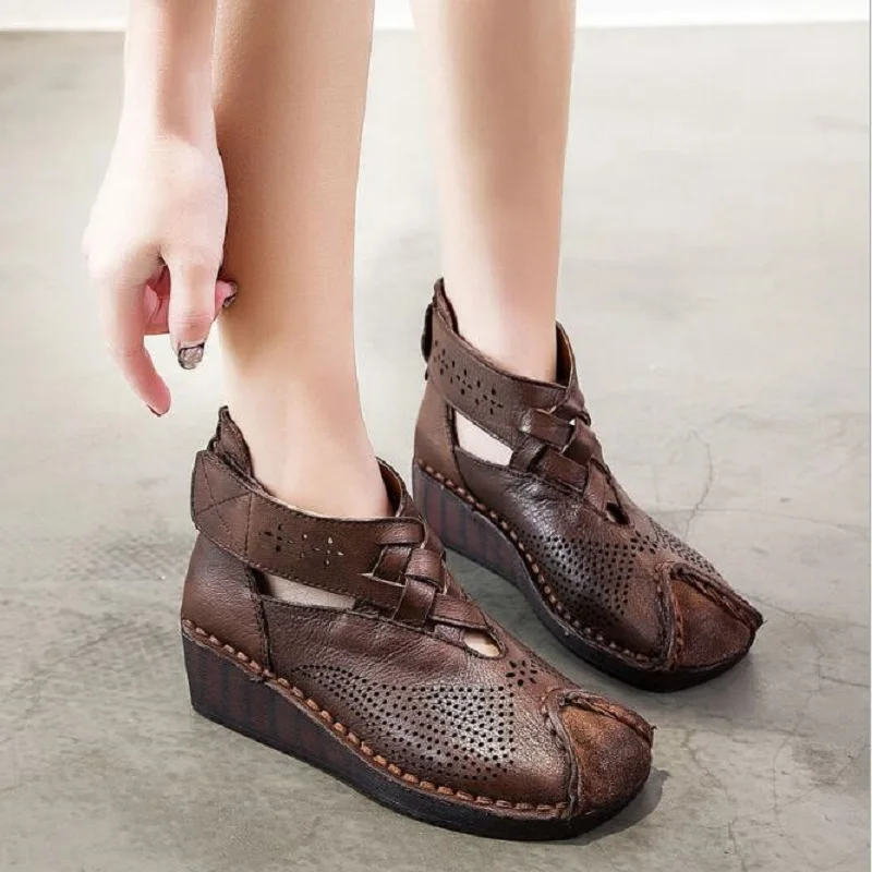 Summer Retro China Style Genuine Leather Hollow Out Sewing Square Toe Ankle Women Boots Cut Wedge Heels Lady Sandals 190508 | Обувь