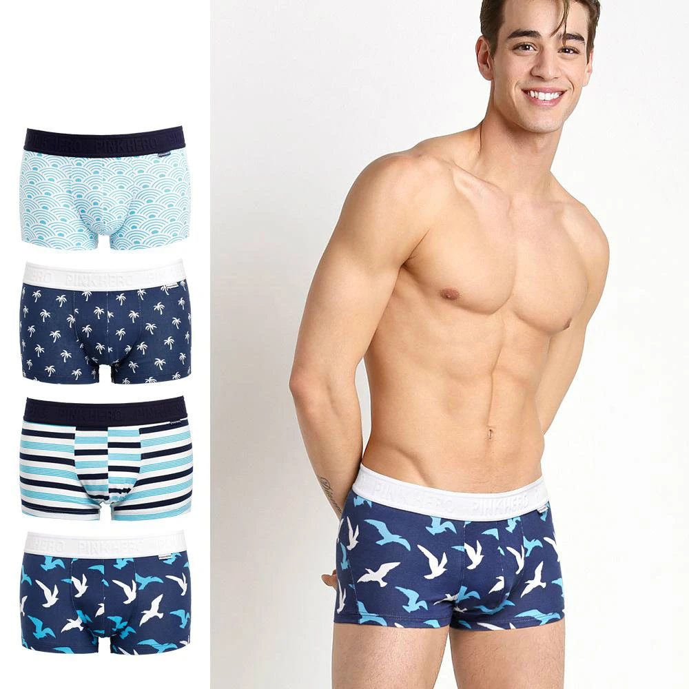 

PINK HEROES Men Underwear Boxers Ocean Wind Cotton Sexy Men Boxer Underwear Striped Wave Print Mens Shorts Boxer Panties Cuecas