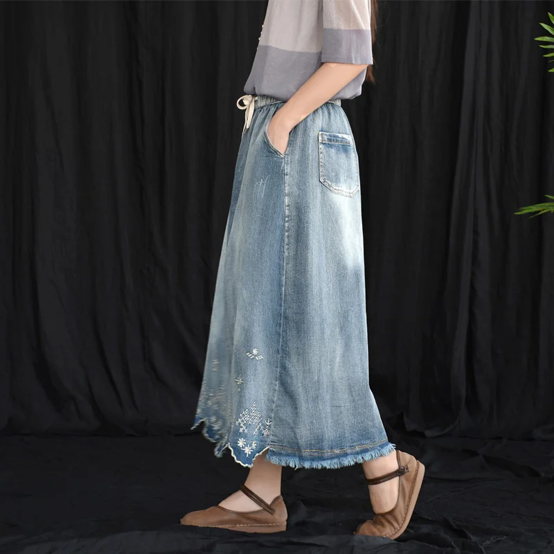 Летняя юбка в стиле ретро Женская длинная джинсовая с эластичной резинкой на