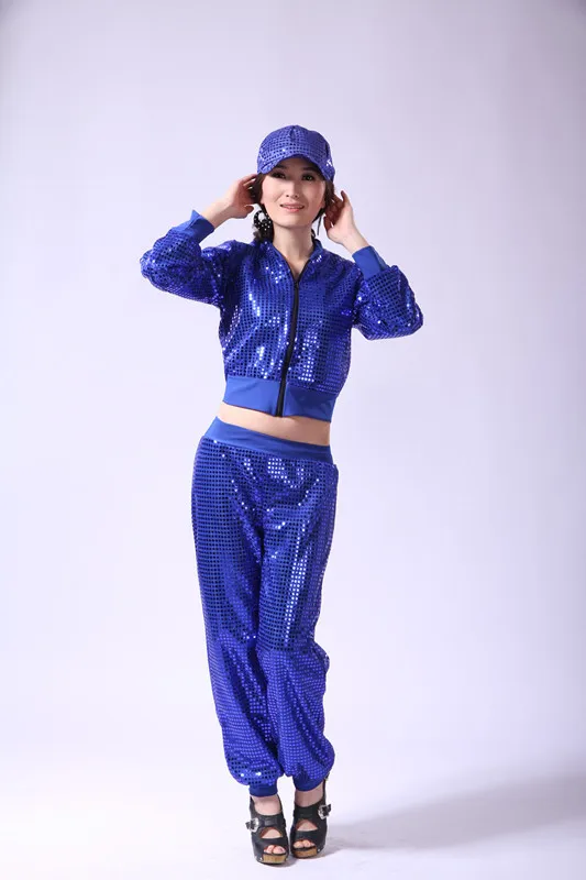 Women Stage Performance Tops Sequined Sexy Girl Hip Hop clothing Female Costumes Loose jazz Dance clothing+pants plus size |