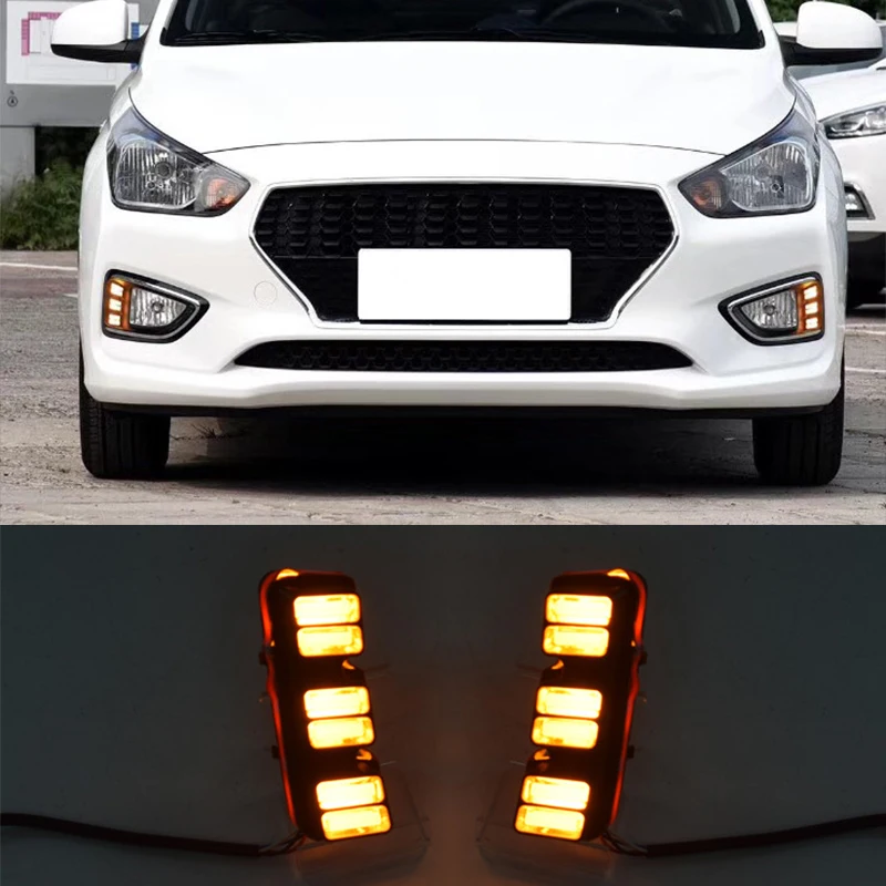 Hlxg 2 шт. светодиодные фары для Hyundai Verna 2017 2018 Белый DRL + желтые Сигналы поворота лед