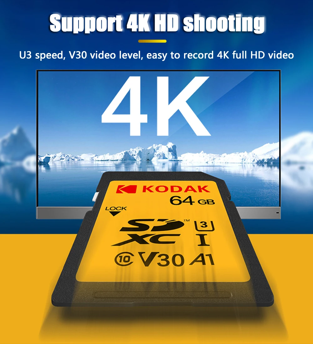 Sd-карта Kodak 64 Гб карта памяти 128 ГБ SDXC U3 V30 carte sd для sony Canon Nikon micro SLR цифровая камера cartao de memoria