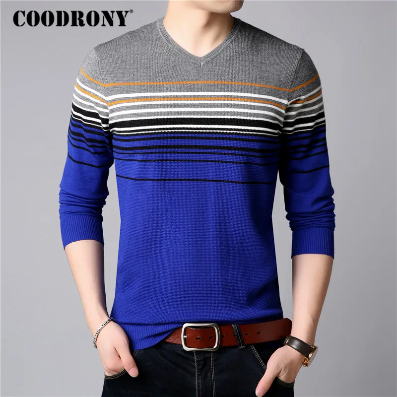 COODRONY свитер для мужчин Уличная мода полосатый v-образный вырез трикотаж Pull Homme Осень Зима хлопок шерсть пуловеры мужские свитера 91025