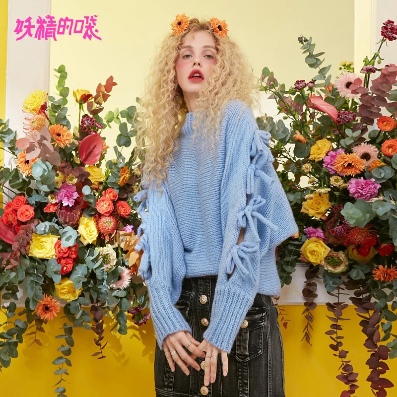 Женский свитер ELFSACK однотонный вязаный ручной работы с треугольным вырезом на