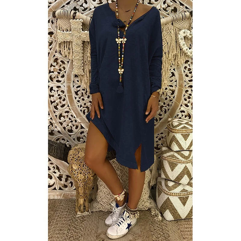 Новое повседневное свободное однотонное платье с v образным вырезом Осеннее