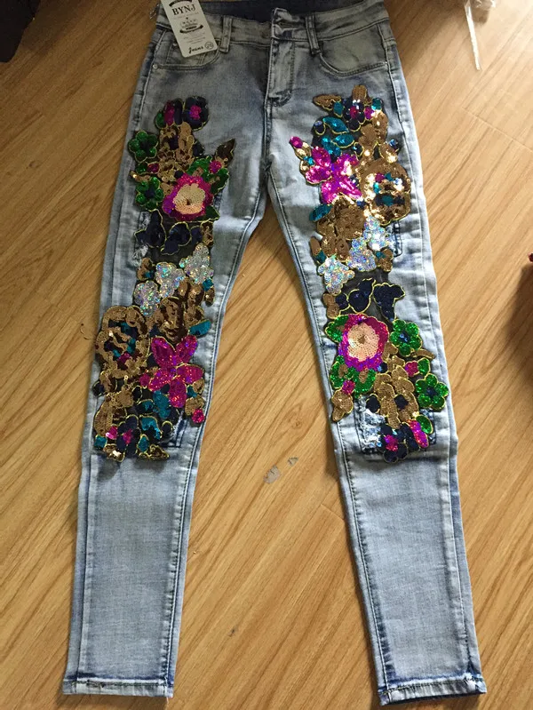 spring autumn new fashion women bronzing sequins flowers worn mid waist skinny pencil jeans plus size 2XL