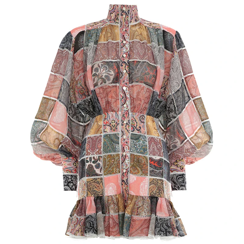 Мини платье с сексуальным принтом оборками клетчатыми рукавами фонариками