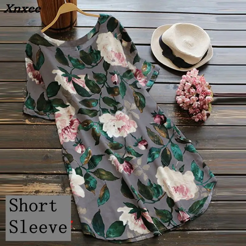 

Plus Size Bohemian Floral Women Dress New Loose Beach Long Maxi Dresses Short Sleeve Female Summer Dress Comfy Cotton Linen