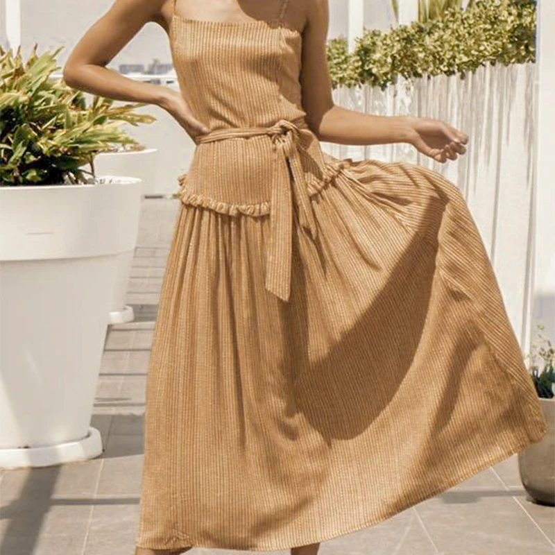 Melegant Bow Ruffle Sexy Spaghetti Strap Summer 2019 Women Dress Casual Beach Maxi Dresses Female Stripe Long Vestidos | Женская одежда