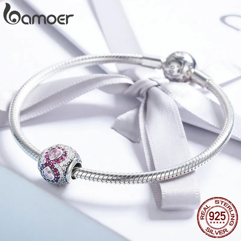 BAMOER, настоящее 925 пробы, Серебряное сердце, прозрачный CZ& розовый кристалл, шарм, подходит для женщин, браслет, ювелирное изделие, подарок на день Святого Валентина SCC582