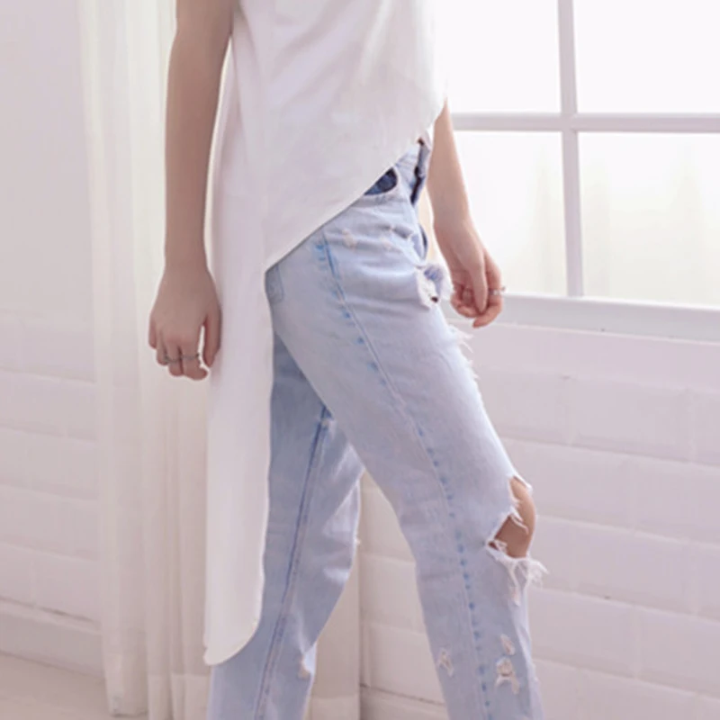 Классический Асимметрия Коротким Рукавом Футболки Женский Короткий Передний За