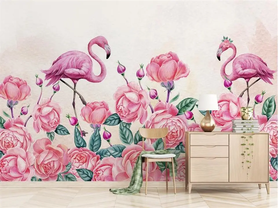 Пользовательские 3d фото обои кровать комната росписи роза цветок и фламинго фон