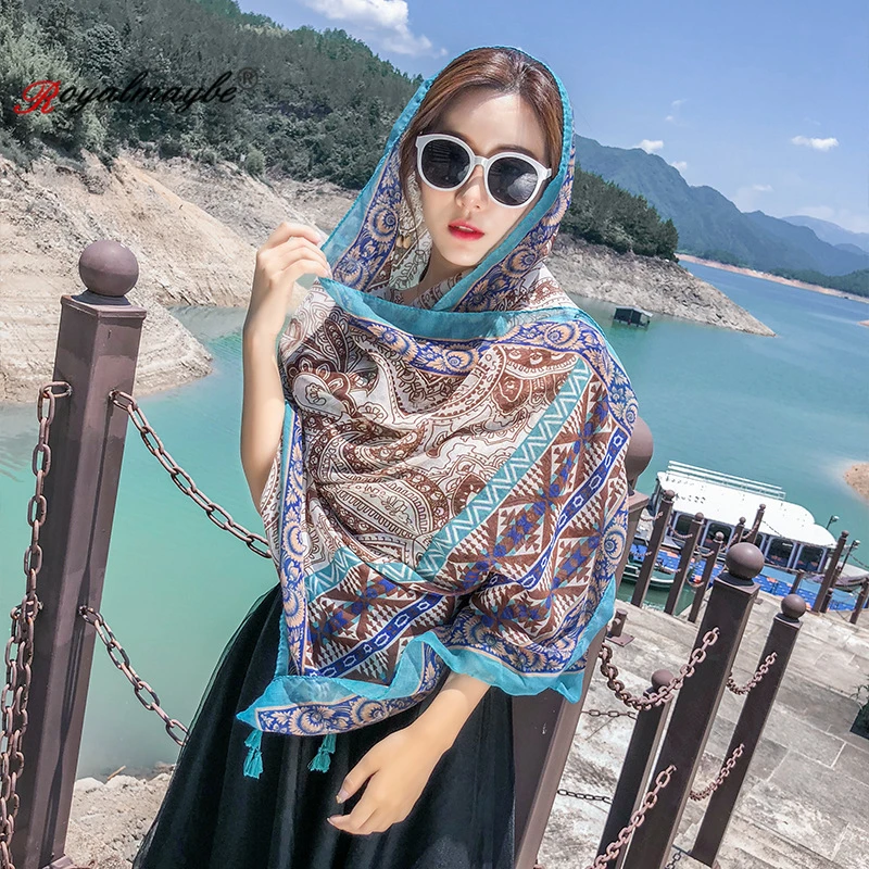 Royalmaybe cotton shawls and wraps sunmmer Sunscreen Beach travel silk scarf for women big headband long pashmina Square scarves |
