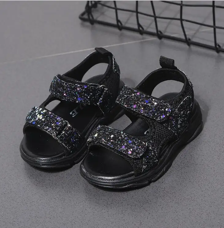 New Girls Princess Beach Shoes Kids Summer Sandals With Sequins Fashion Boys Mesh Sports Sandal Black Pink White EU 21-30 | Детская