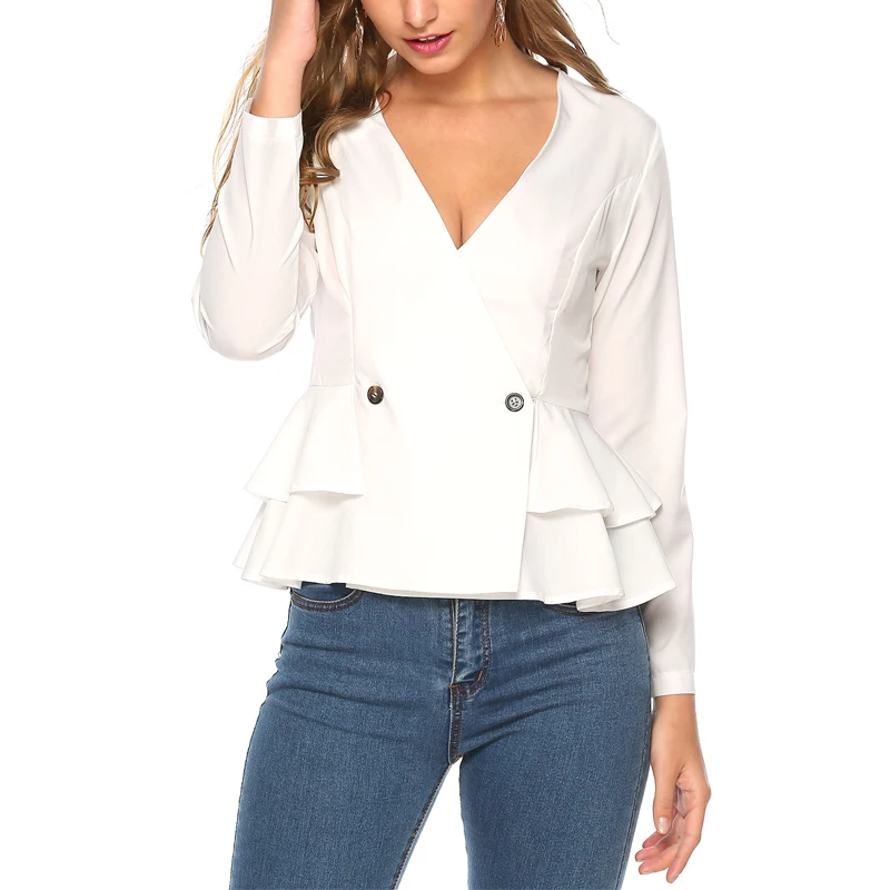 Office Lady White V-neck Blouse Female Full Sleeve Double Breasted High Street Ruffle Shirt Casual Top |