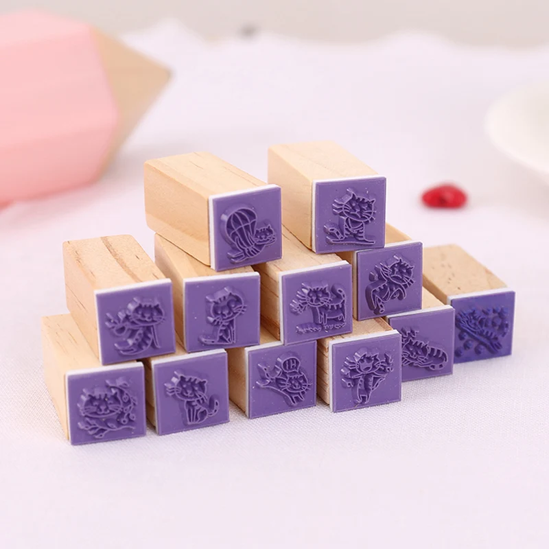12 шт./корт. Мини милый штамп с котенком DIY Деревянные и резиновые штампы для