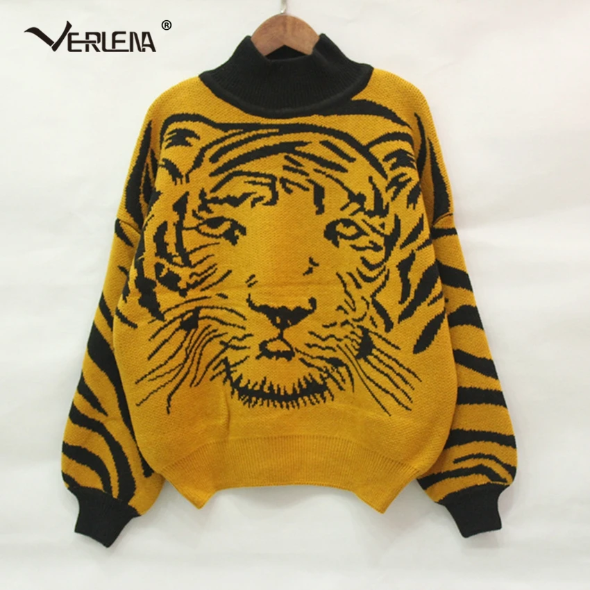 Batwing Sleeve Tiger Pattern Yellow Autumn Sweater Women 2019 Rib Funnel Collar Turtleneck Jumper Wool Oversized Loose Pullover | Женская