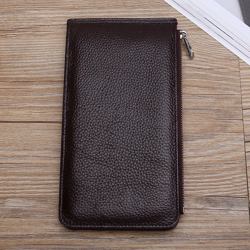 Dark brown Тонкий длинный кошелек для мобильного телефона из натуральной кожи, RFID, с зажимом для доллара, мужской кошелек, Id держатель для карт, бизнес-менеджер - Цвет: Dark brown