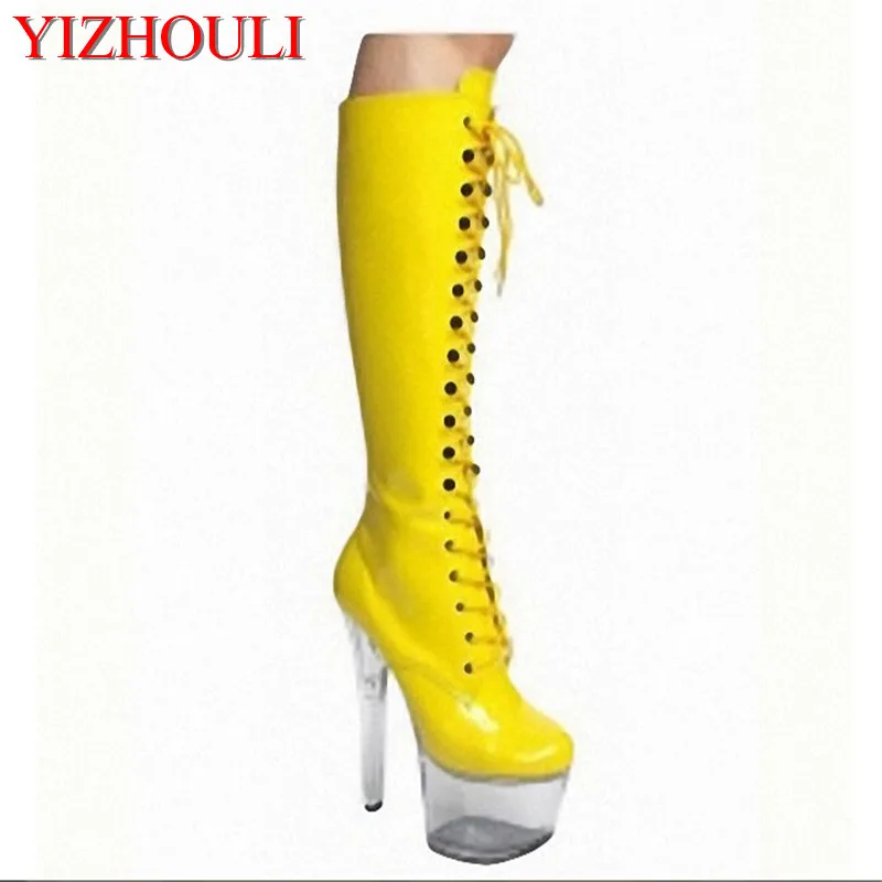 European and American 15CM fine heel, front lace-up boots, slim women sexy , patent leather high heels Dance Shoes