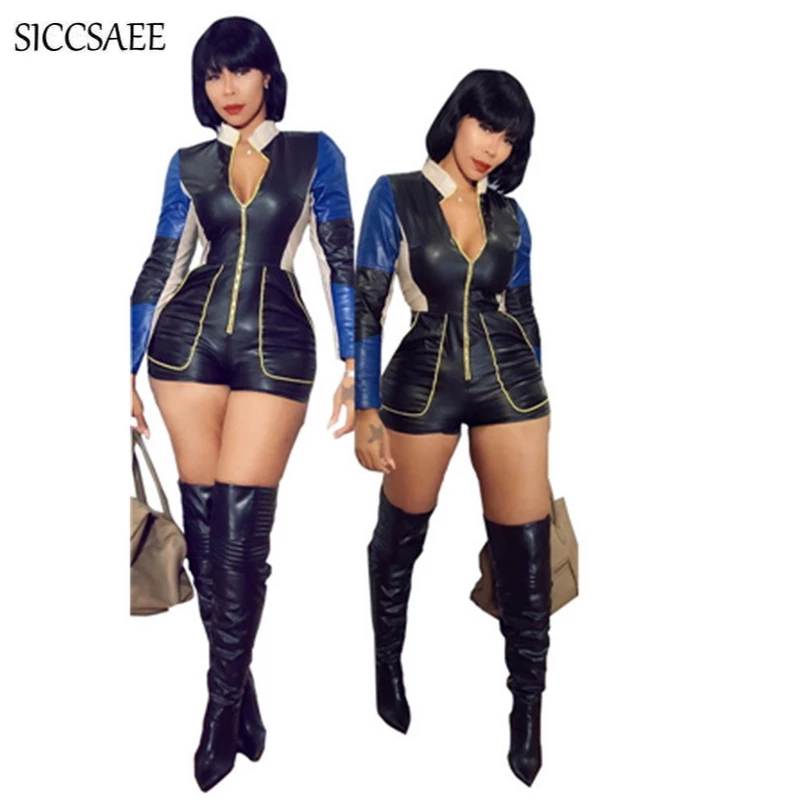 Уличная молния бандажный блок пэчворк Bodycon боди сексуальный цельный костюм шорты